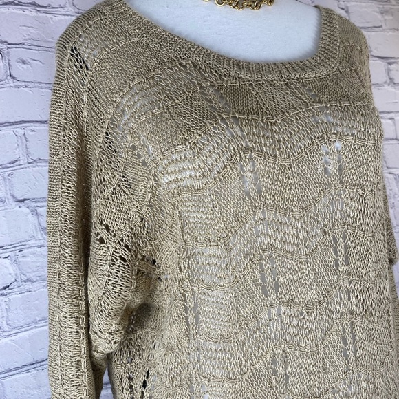 Lucky Brand Gold Loose Knit Boho Bohemian Crew Neck Sweater size Large EUC - Picture 3 of 11